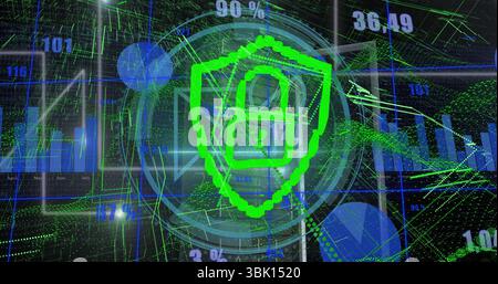 Green pixelated shield with padlock icon securing data in dashboard, with bar charts and streams Stock Photo