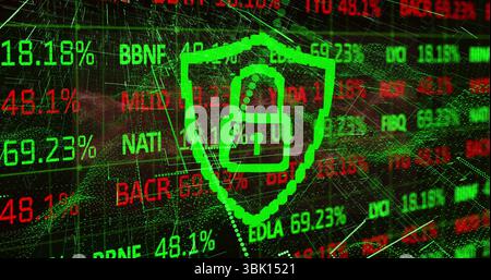 Neon green shield and padlock icon floating on dark screen, showing red green tickers, 3D network Stock Photo