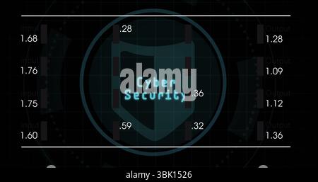 Displaying central shield emblem highlighting Cyber Security on interface, with input output bars Stock Photo