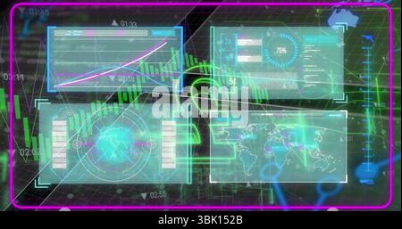 Displaying neon-blue windows on console showing line graph or metrics panel or circular chart or wor Stock Photo