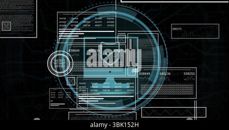 Displaying translucent data panels and HUD rings in dashboard interface, with checkmark icon Stock Photo