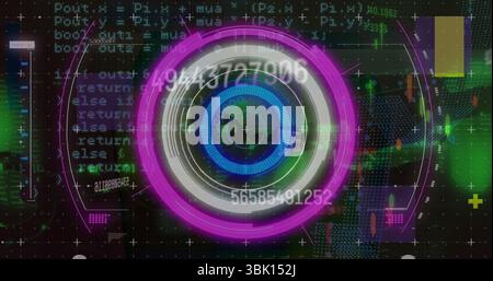 Displaying neon concentric rings floating in futuristic digital interface, numeric overlays visible Stock Photo