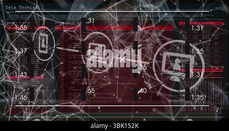 Displaying terminal interface featuring code on screen with network nodes, user icons with metrics Stock Photo