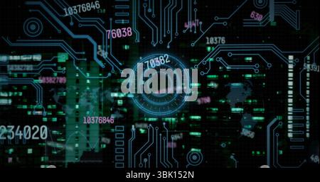 Displaying central circular holographic display over urban skyline, with neon blue circuit lines Stock Photo