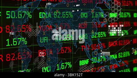 Displaying financial dashboard showing stock tickers and percentage values over map outline Stock Photo