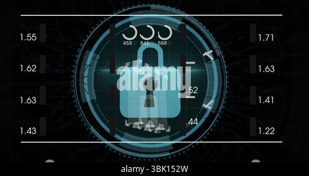 Hovering padlock icon over security dashboard, with concentric HUD rings and data gauges Stock Photo