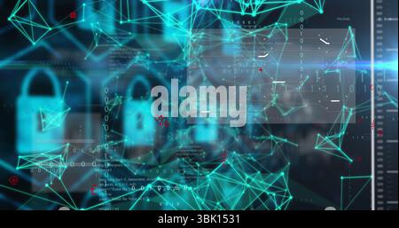 Displaying padlock entwining network nodes at cybersecurity dashboard, with floating code panels Stock Photo