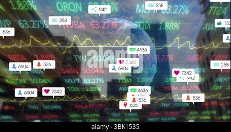 Showing Earth globe hovering over city skyline, displaying stock tickers, graphs and social icons Stock Photo