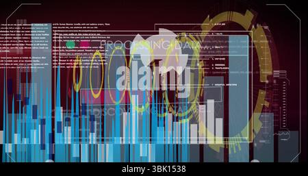 Displaying translucent data window in simulated control panel, with blue bar charts and code text Stock Photo