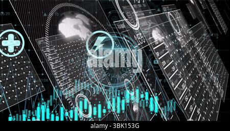 Displaying holographic panels in virtual interface, featuring digital globe and candlestick chart Stock Photo