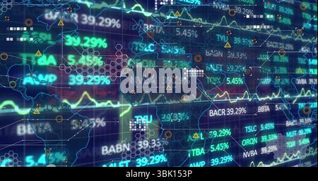 Displaying dashboard on world map showing percentages, tickers, graphs, hex grid markers and frames Stock Photo