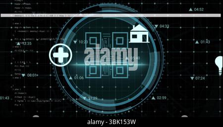 Displaying HUD overlay and scrolling code text on futuristic interface screen with four modules Stock Photo