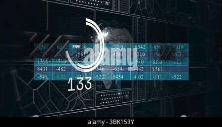 Displaying central data panel on control interface, with world map, blue data table, gauge 133 Stock Photo