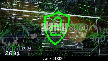 Displaying green shield with unlocked padlock overlaying dashboard, circuit traces and stock charts Stock Photo
