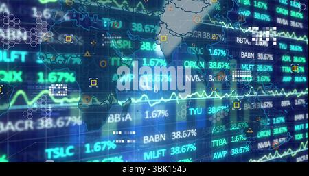 Displaying world map grid fluctuating BBTA TYU tickers and percentage in trading interface Stock Photo