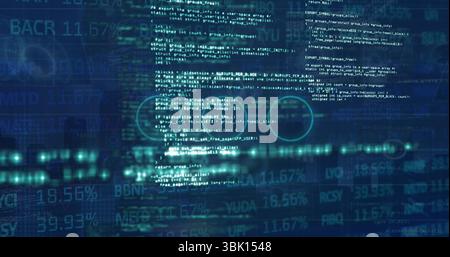 Displaying code panel streaming across trading screen, showing ticker strings and circular overlays Stock Photo