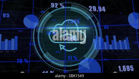 Displaying circular infographic with cloud icon and arrow on computer screen, with bar charts Stock Photo