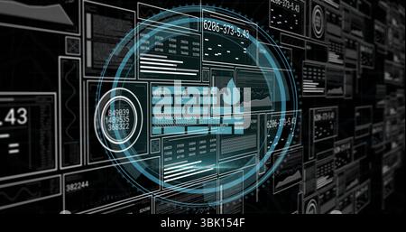 Displaying holographic overlay on dashboard, showing numeric readouts, bar charts, flame icon Stock Photo