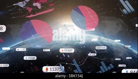 Displaying Earth globe showing curvature in orbit, with pie charts, bar and line graphs, data icons Stock Photo