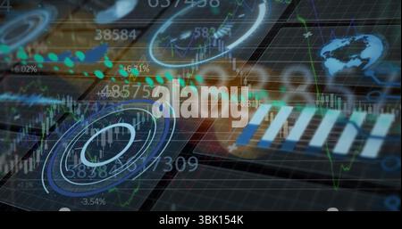 Displaying large concentric chart over futuristic interface, with glowing nodes and numeric labels Stock Photo