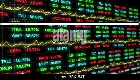 Displaying LED stock ticker showing symbols and percentages in trading room, with yellow trend line Stock Photo