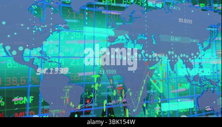 Displaying translucent blue world map overlay on financial data interface, with stock tickers Stock Photo