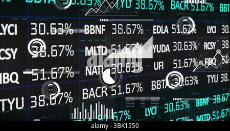 Displaying financial dashboard on dark grid, featuring stock ticker symbols and percentage readouts Stock Photo