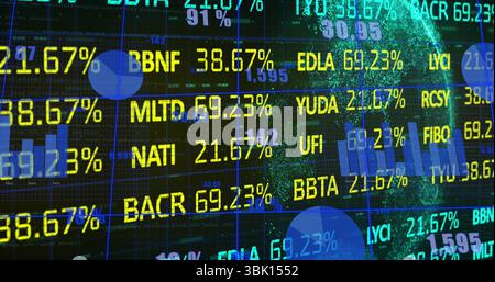 Displaying central data overlay on trading dashboard, with ticker symbols and percentage values Stock Photo
