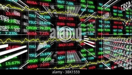 Displaying circular HUD overlaying data in trading corridor, with scrolling stock ticker panels Stock Photo