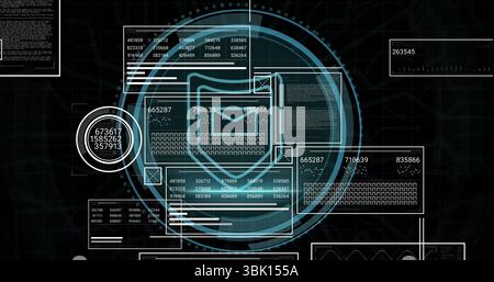 Displaying interface floating data panels in virtual dashboard, with central HUD and envelope icon Stock Photo
