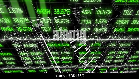 Displaying layered panels on digital trading dashboard, with ticker symbols and white line graphs Stock Photo