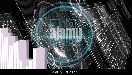 Rotating holographic HUD overlay scanning panels and projecting 3D bar chart in virtual data hub Stock Photo