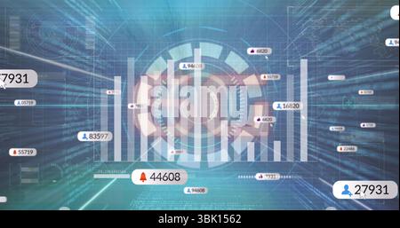 Showcasing circular gauge hovering over bar chart in dashboard, with user icons and numeric labels Stock Photo