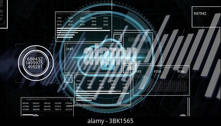 Displaying holographic cloud icon with padlock at cybersecurity dashboard, showing circular grid Stock Photo