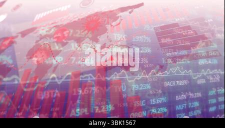 Displaying graphic merging health and financial data on screen with world map, charts, virus icons Stock Photo