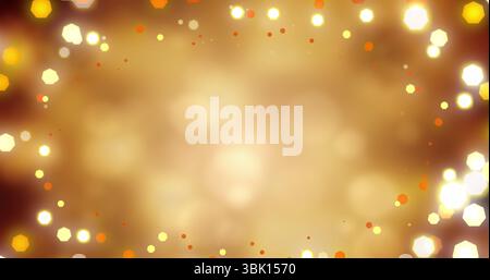 Floating warm-toned hexagonal and circular bokeh lights in abstract digital studio, amber gradient Stock Photo