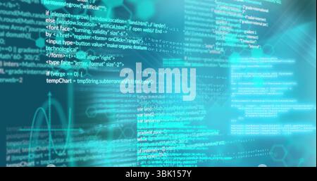 Floating code streaming over interface, showing HTML or CSS or JavaScript, hex grid and waveform ove Stock Photo