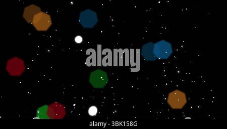 Floating translucent multicolored hexagonal lights over abstract dark field with star speckles Stock Photo