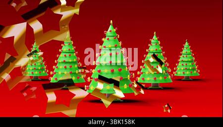 Glowing cone-shaped green Xmas tree with red and yellow ornaments on red stage, floating gold stars Stock Photo