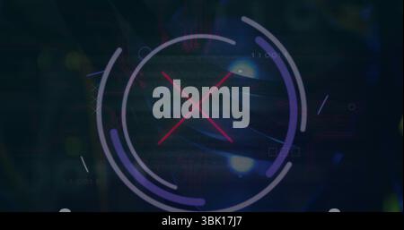 Displaying HUD rotating purple ring around red X in digital environment with binary code and orbs Stock Photo