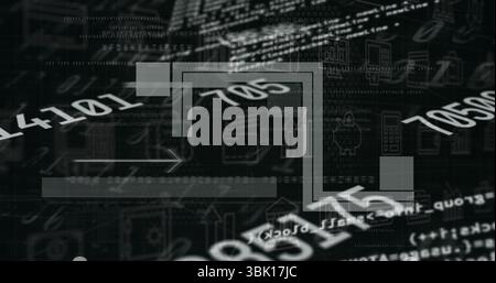 Showing angular flow line overlaying dashboard with binary digits, code fragments, panels and icons Stock Photo