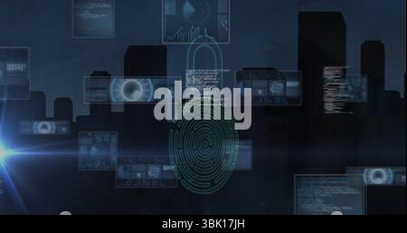 Floating holographic fingerprint covering nighttime skyline with interface panels, circular charts Stock Photo