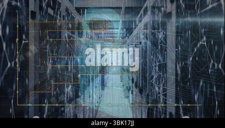 Displaying central data center aisle featuring holographic network overlay, with server racks Stock Photo
