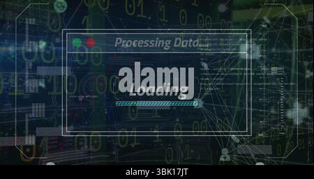 Displaying translucent panel in data center, with Processing Data label and loading progress bar Stock Photo