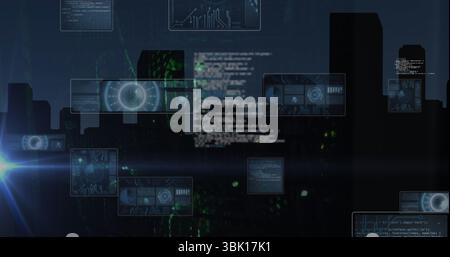 Floating HUD displaying translucent code and green symbols over night skyline with blue lens flare Stock Photo