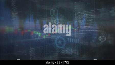 Displaying data on holographic dashboard, with candlestick chart fingerprint scan and code windows Stock Photo