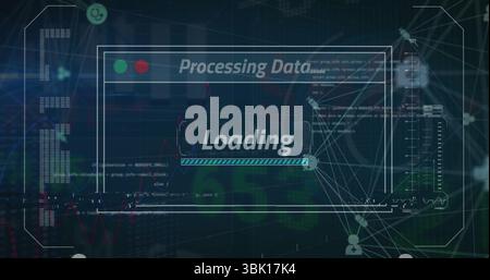 Displaying window labeled Processing Data with loading progress bar on data dashboard, data visuals Stock Photo