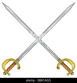 Spanish swords crossed, swords used in fencing practice, Spanish rapier swords with bow hilt Stock Vector
