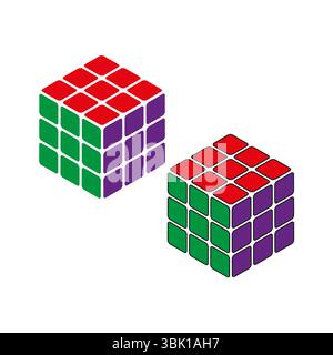 Rubik cube icon. Puzzle block shape. Isometric colorful figure. Vector geometric object. Stock Vector