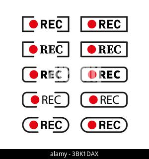Red REC buttons. Record symbol set. Video capture icons. Vector label shapes. Stock Vector